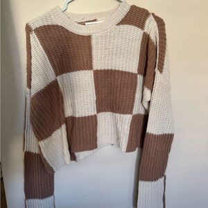 Chunky Knit Crew Neck Sweater in Brown and Cream